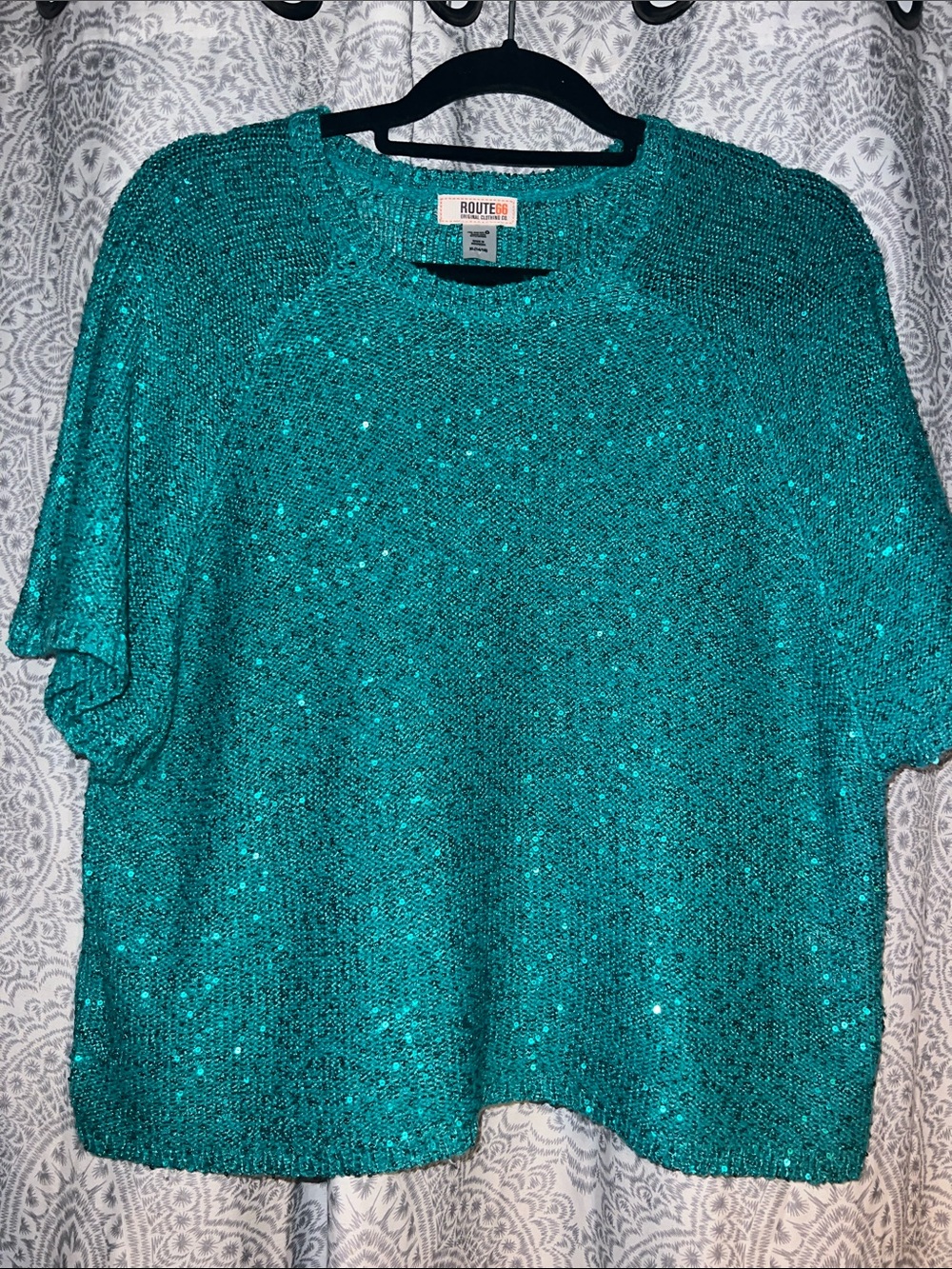 Route 66 Teal Sequin Short-Sleeve Knit Pullover